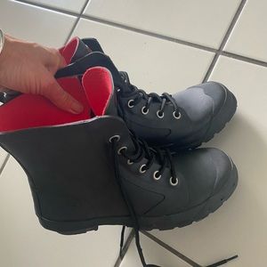 Size 8.5 black rubber lace up ankle boots by Ralph Lauren.